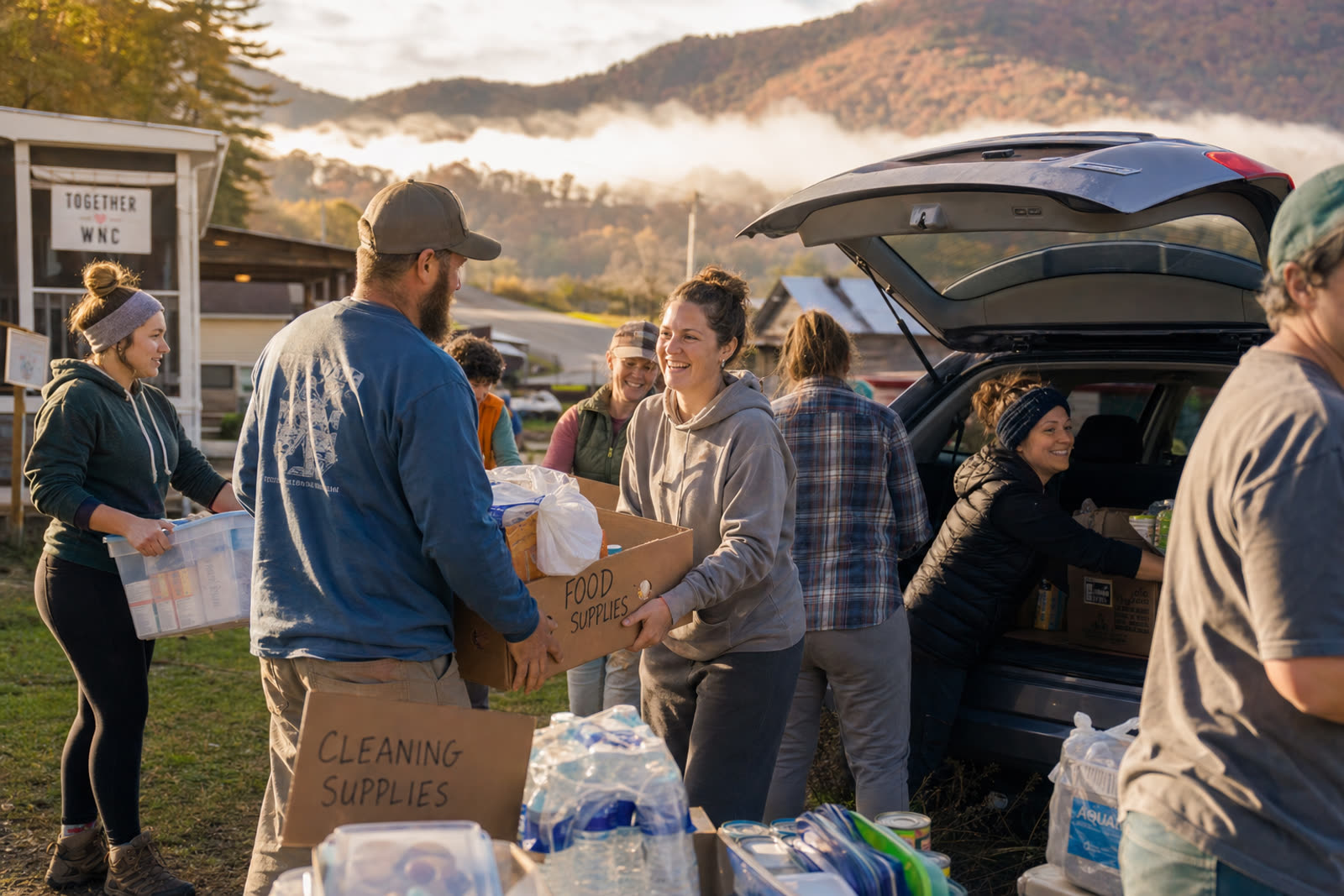 Volunteers loading relief supplies into a vehicle