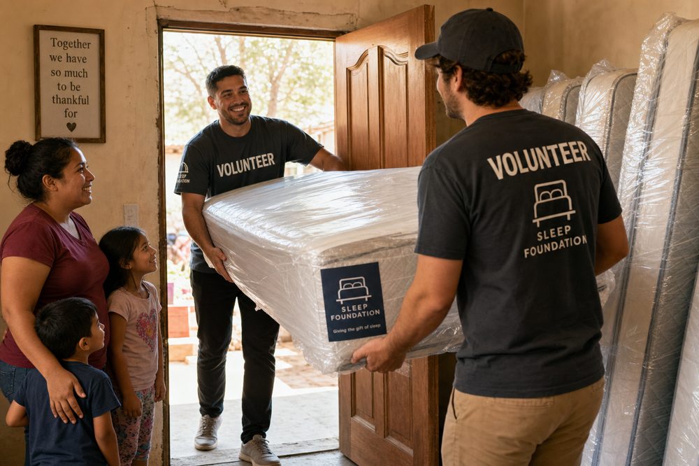 Volunteers delivering new mattresses to a grateful family