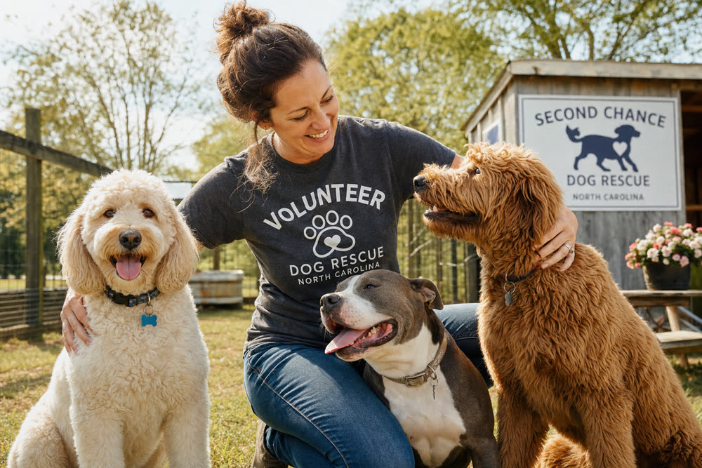 A volunteer caring for rescued dogs