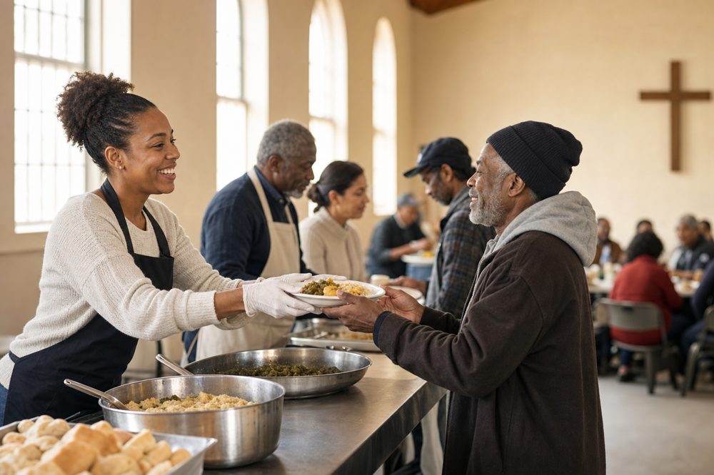 A volunteer serving a warm meal to a community member at a soup kitchen