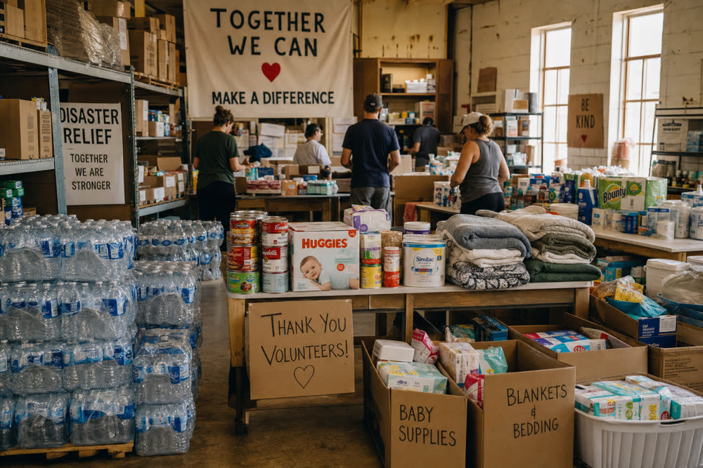 Relief supplies organized for distribution