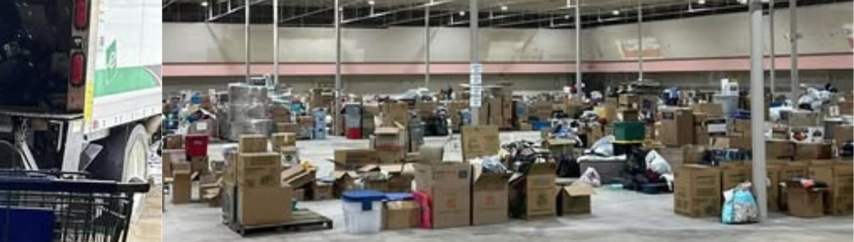 The Helping Beyond the Storm donation warehouse and community hub, filled with supplies